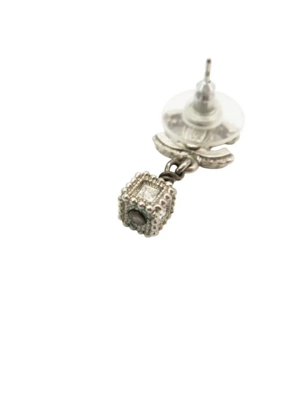 Chanel Earrings CC Logo Rhinestone Square Box Silver